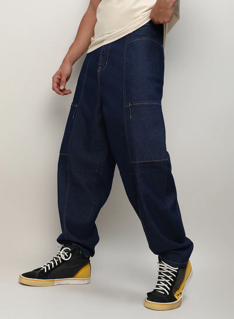 Campus Sutra  Men's Navy Blue Baggy Cargo Denim Jeans For Everyday Wear | Dark-Wash |  Button Closure | Oversized Fit | Denim Jeans Crafted With Comfort Fit For Everyday Wear for Men | Best Price UAE